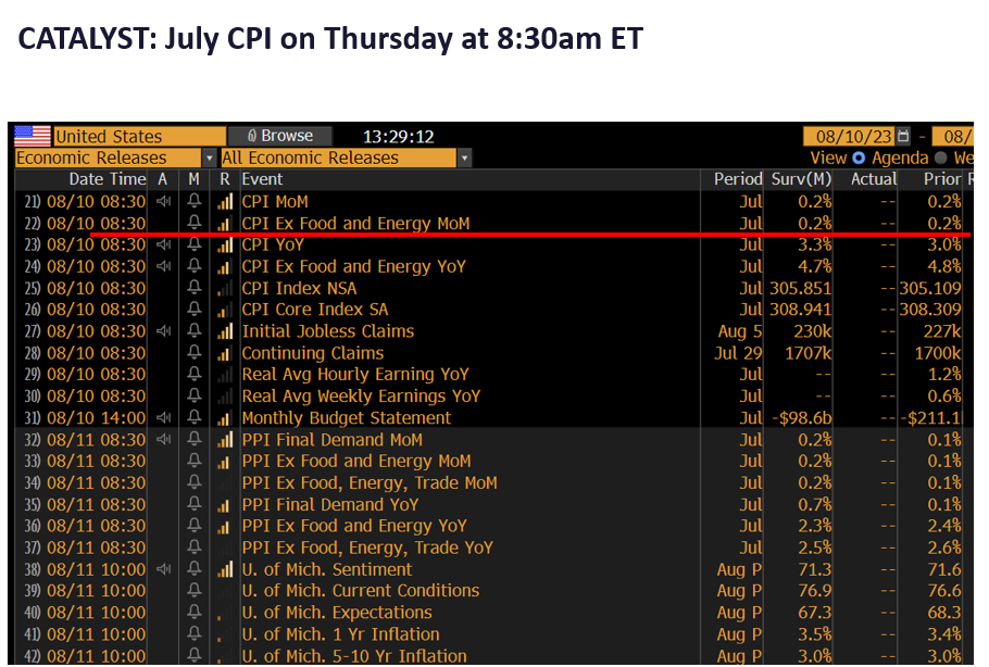 July CPI should be a positive surprise, with core CPI well below Street consensus of +0.22% MoM. This should reverse the path of higher rates.