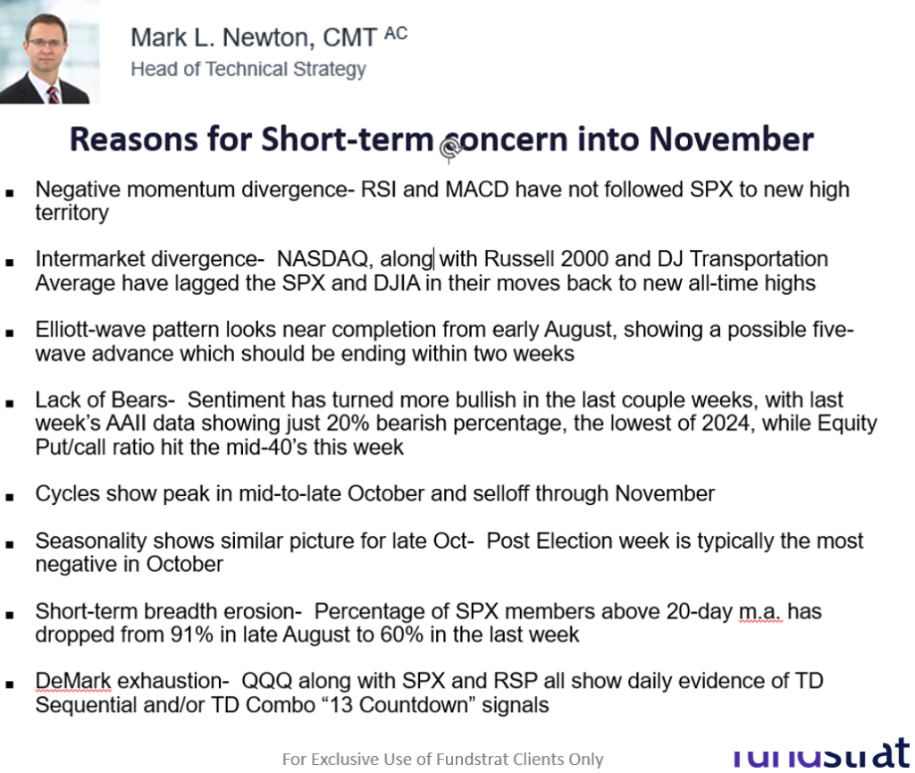 3Q24 EPS season: inflation falls by half, yet real revs growth accelerates.  3 reasons this is positive.  Newton warns market technicals less attractive in November.