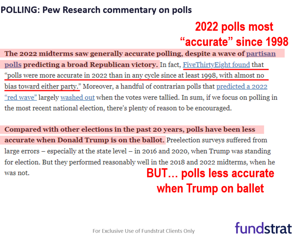 Over weekend, Prez. polls and betting markets tightened, making this election even more of a coin toss. Equity markets likely bottom on peak uncertainty which could be earlier than many realize.