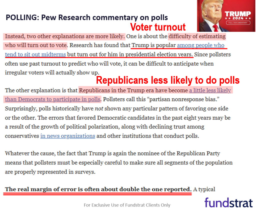 Over weekend, Prez. polls and betting markets tightened, making this election even more of a coin toss. Equity markets likely bottom on peak uncertainty which could be earlier than many realize.