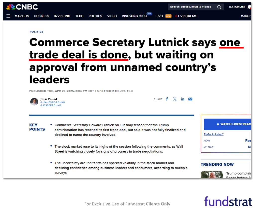 Positive developments on tariff front as Lutnick tells CNBC one deal is done and key Wed is March Core PCE