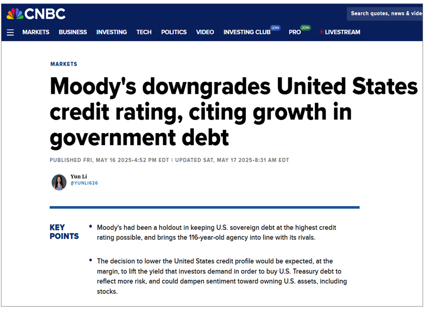 We view the Moody's downgrade (of USA debt from AAA) as largely non-event and would buy the dip.