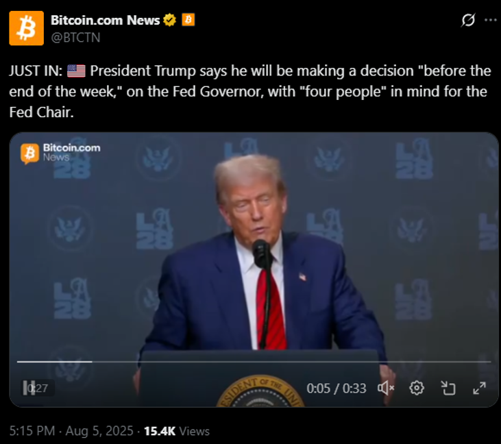 President Trump to announce new Fed Chair by end of week, likely view as dovish by markets.