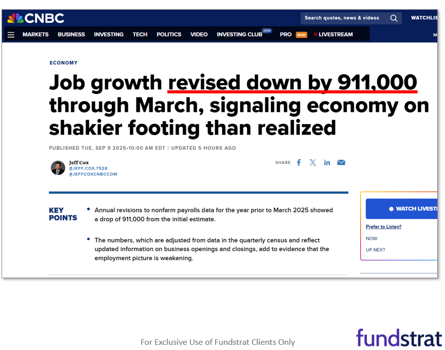 $ORCL surge 27% after-hours shows that AI stocks still undervalued. BLS jobs report revisions show US did not add jobs in 2025 = dovish. Markets waiting for August Core CPI on Thu