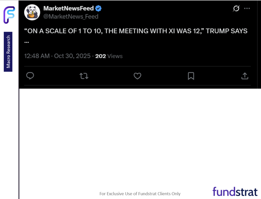 Key takeaway Fed presser: inflation close to target but jobs is weak = dovish. Trump-Xi meeting is 12 on a scale of 1 to 10 = positive for stocks.