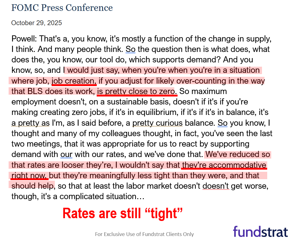 Key takeaway Fed presser: inflation close to target but jobs is weak = dovish. Trump-Xi meeting is 12 on a scale of 1 to 10 = positive for stocks.