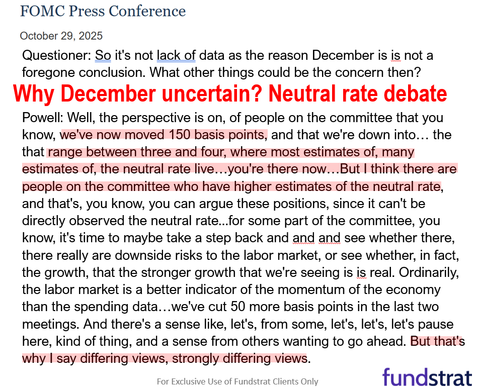 Key takeaway Fed presser: inflation close to target but jobs is weak = dovish. Trump-Xi meeting is 12 on a scale of 1 to 10 = positive for stocks.