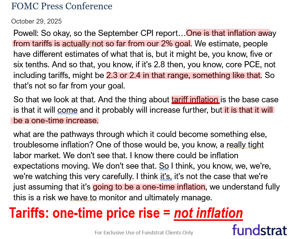 Key takeaway Fed presser: inflation close to target but jobs is weak = dovish. Trump-Xi meeting is 12 on a scale of 1 to 10 = positive for stocks.