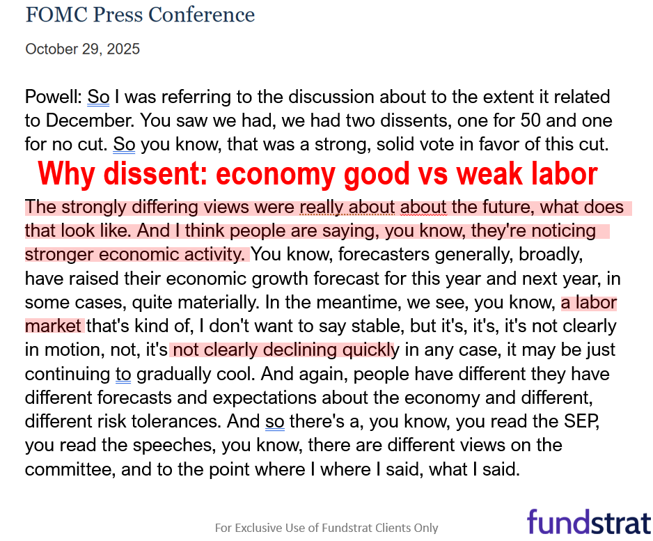 Key takeaway Fed presser: inflation close to target but jobs is weak = dovish. Trump-Xi meeting is 12 on a scale of 1 to 10 = positive for stocks.