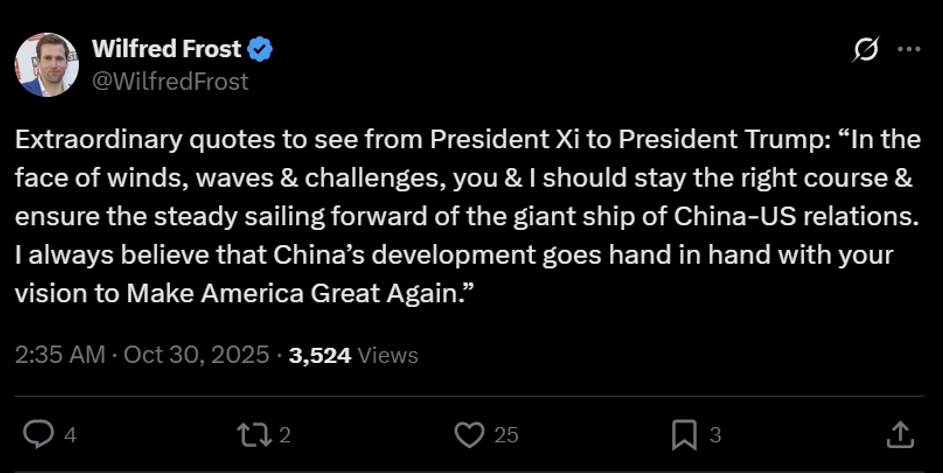Key takeaway Fed presser: inflation close to target but jobs is weak = dovish. Trump-Xi meeting is 12 on a scale of 1 to 10 = positive for stocks.