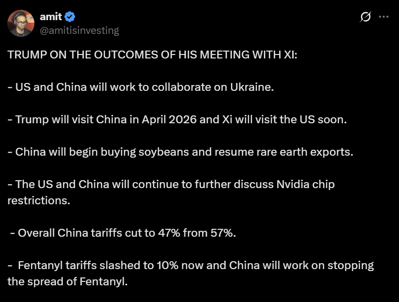Key takeaway Fed presser: inflation close to target but jobs is weak = dovish. Trump-Xi meeting is 12 on a scale of 1 to 10 = positive for stocks.